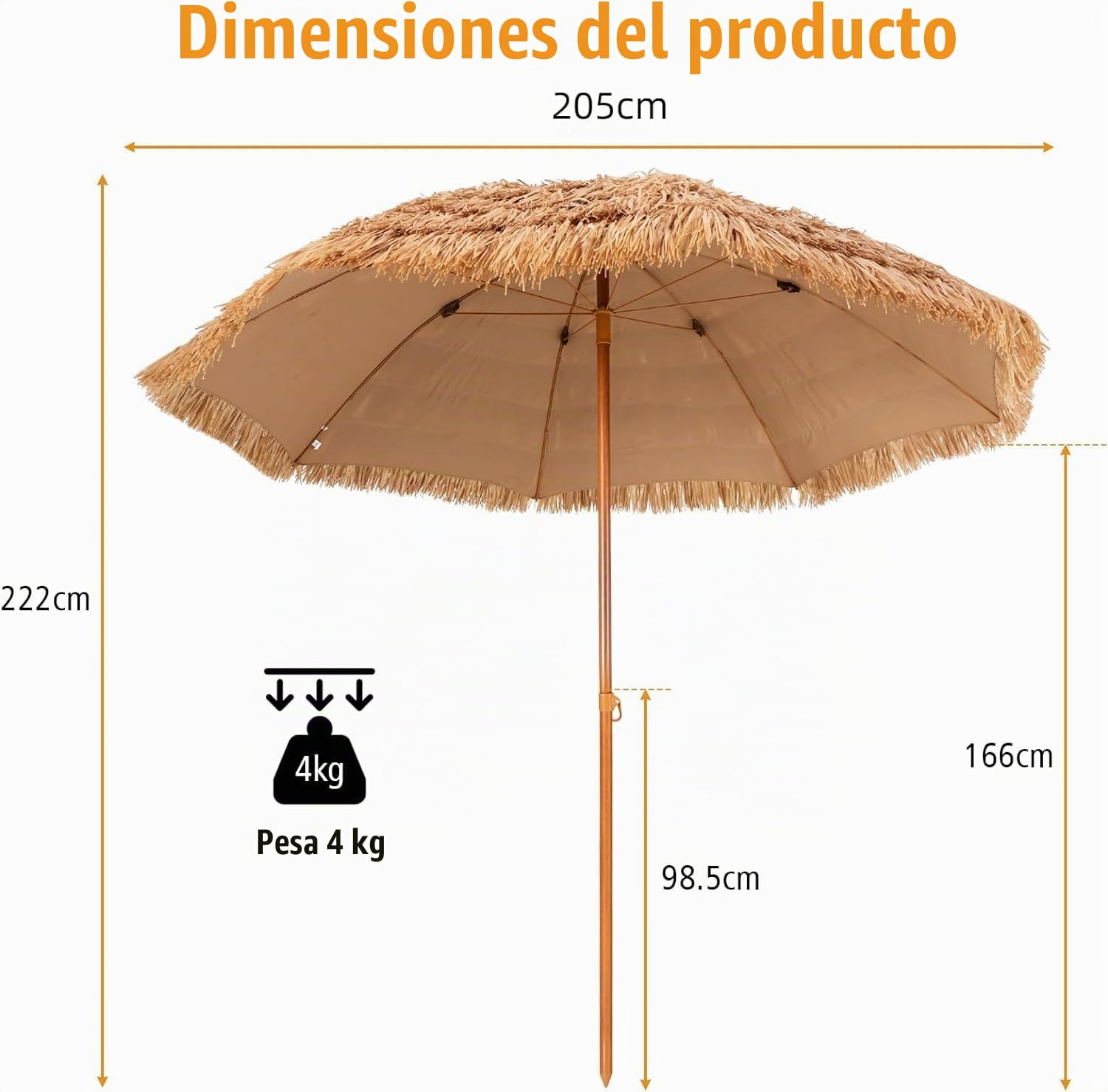 KOMFOTTEU Sombrilla Hawaiana de Paja PP Ø 205 cm de Playa | Parasol Portátil con Botón de Presión y 8 Varillas de Metal, para Jardín, Balcón, Terraza, Natural