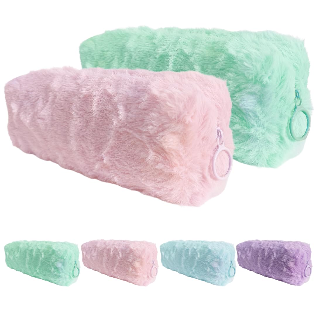 Pack 2 Estuche Escolar para Mujer o Niña - Estuches Escolares para Guardar Material De Papelería O Maquillaje De Peluche En Color Pastel - Neceser Pequeño De Un Compartimento (Rosa Verde)