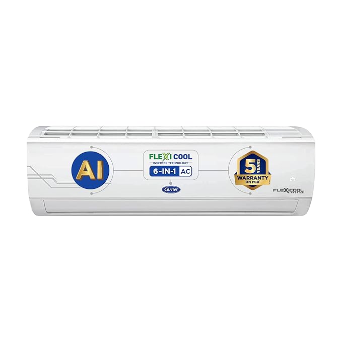 Carrier 1.5 Ton 5 Star AI Flexicool Inverter Split AC (Copper, Convertible 6-in-1 Cooling,Dual Filtration with HD & PM 2.5 Filter, Auto Cleanser, 2023 Model,ESTER Exi -CAI18ES5R33F0 ,White) at Rs. 40999