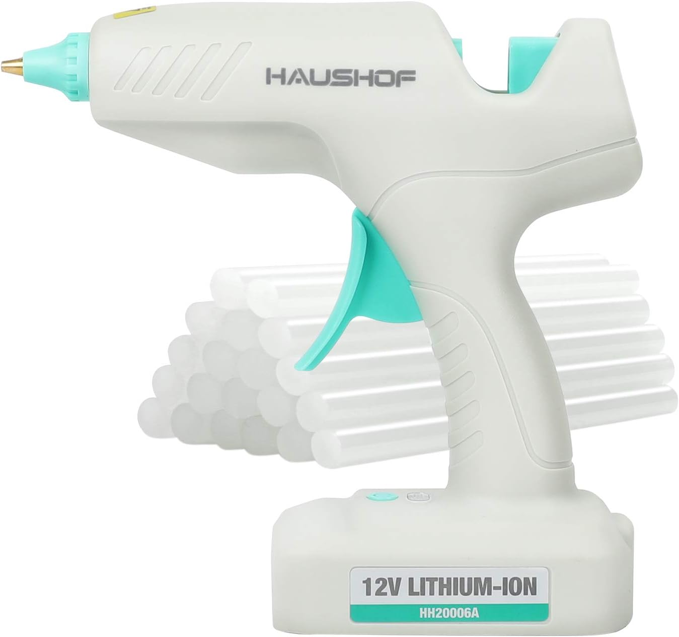Image displaying various compatible materials and applications for the HAUSHOF Cordless Hot Glue Gun, such as DIY, paper, glass, fabric, packing, and toys.