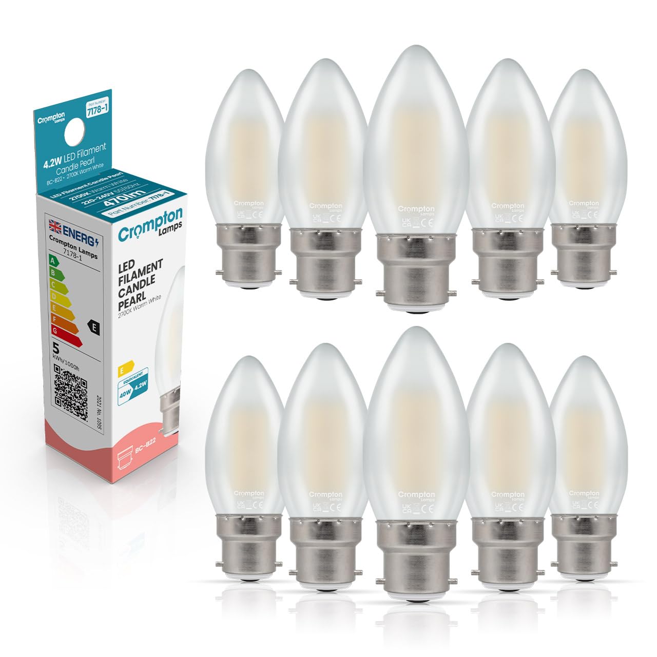 Crompton Lamps Filament Candle LED Light Bulb BC-B22d | 4.2W = 40W Equivalent | Warm White 2700K | Energy Efficient | Bayonet Lightbulb | Long Life 10,000-Hrs | Pearl Glass | Dimmable | 10-Pack