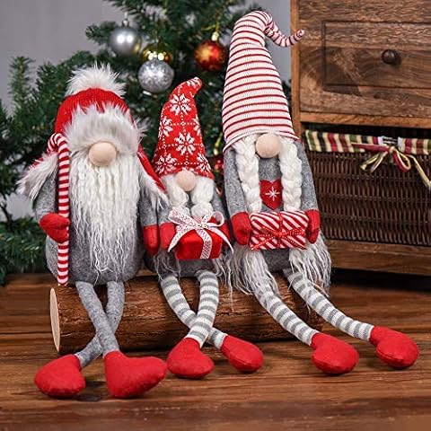 WORLDECO Christmas Gnome Family 2024 Ornaments, Xmas Long Leg Swedish Handmade Santa Plush Doll, Colorful Hat Home Decorations Gift 3 Pack 36.2 inch Cover