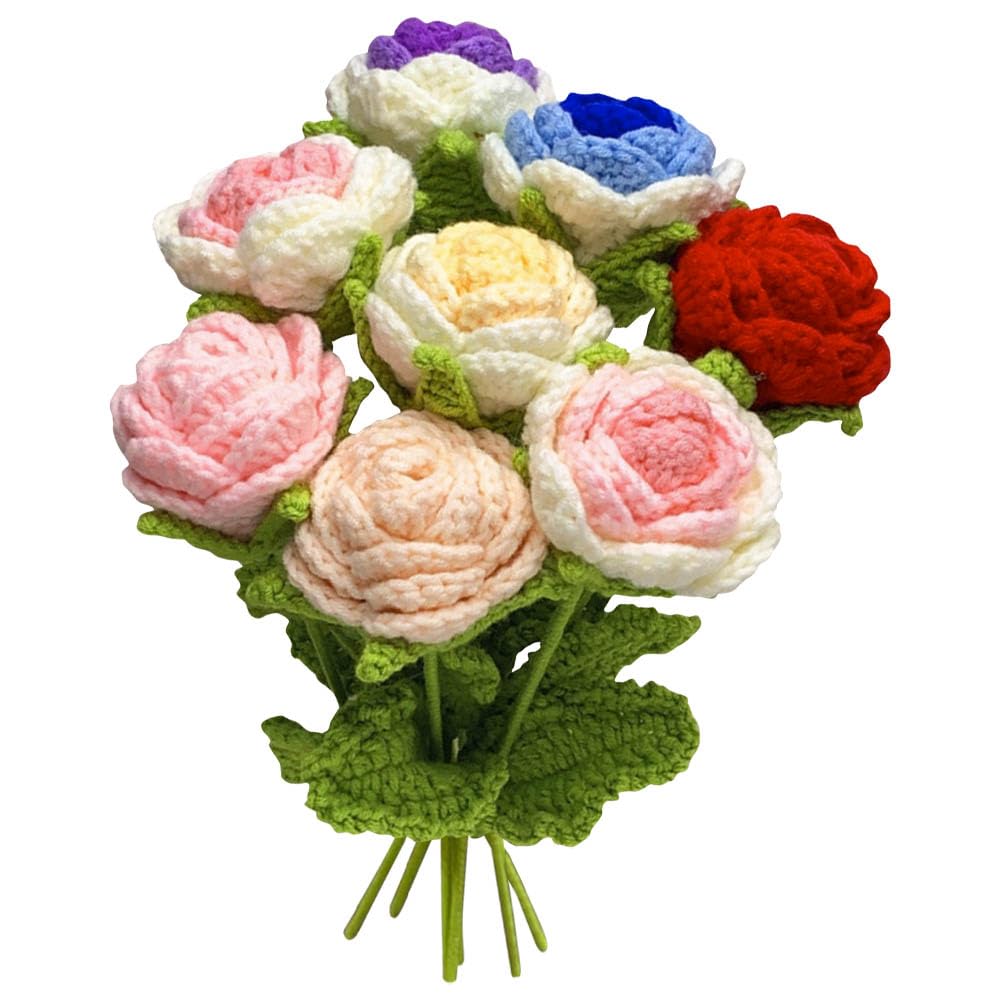 JOONOR 8PCS Hand-Woven Roses,Knitting Crochet Flower Bouquet,Crochet Handmade Red Rose Artificial Flowers,Wedding Decor Suitable for Anniversaries