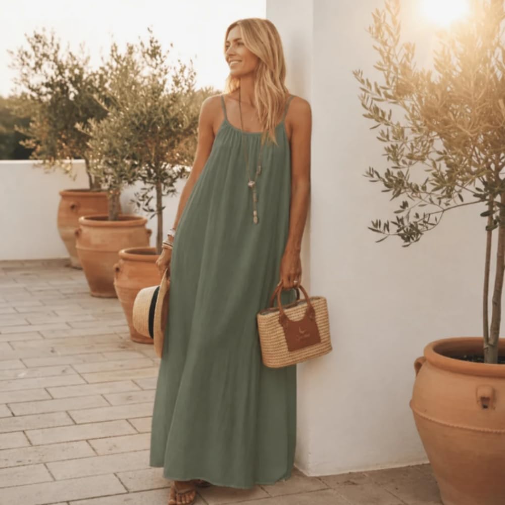Blue Jolie La Robe Nuance - La Caline Robe d'été pour Femme, Bretelles Spaghetti, Dos Ouvert, Longue et Fluide, sans Manches, Couleur Unie
