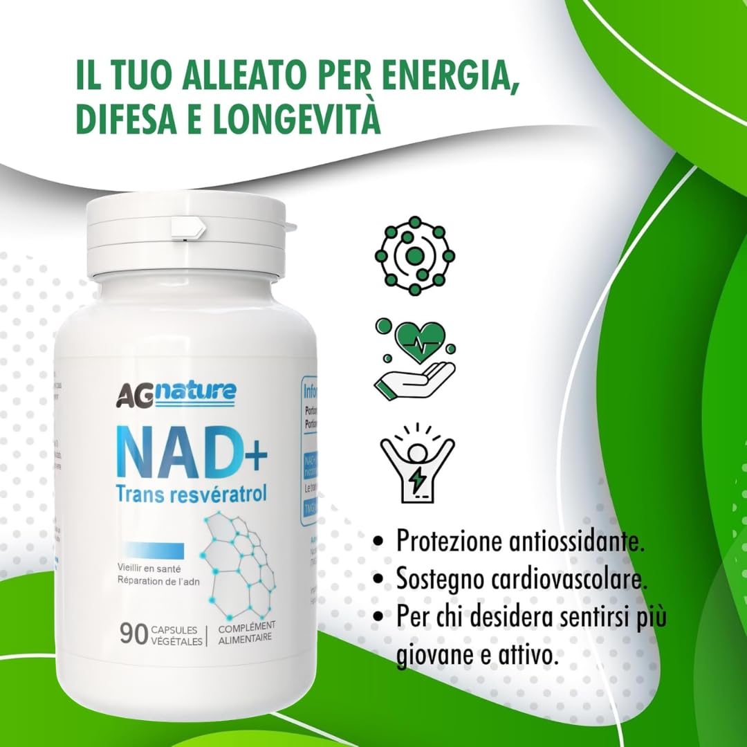 NAD Complément à base de Nicotinamide Pure 90 Gélules 1000 mg – Complexe Anti-Âge et Anti-Fatigue avec Niacine, Trans-Resvératrol et Triméthylglycine