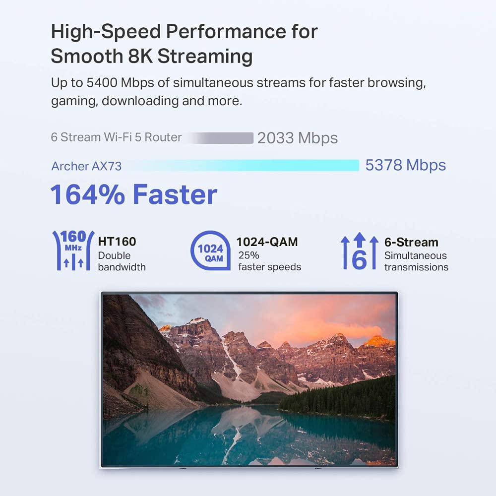 (Ricondizionato) TP-Link Archer AX73 Router Wi-Fi 6 Dual-Band AX5400Mbps, 5 Porte Gigabit, 1 Porta USB 3.0, Router F (FTTH | FTTB | Ethernet), TP-Link HomeShield, OneMesh, Tether App