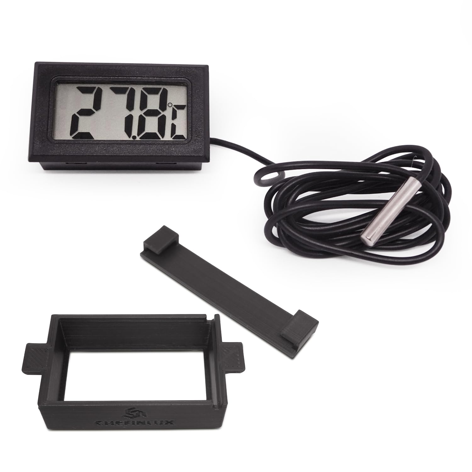 CHEFINLUX Termómetro Digital con Sonda + Soporte Adhesivo Innovador - Ideal para Cocina, Acuario, Nevera, Congelador, Piscina y Exteriores - Fácil Cambio de Pila (Negro)