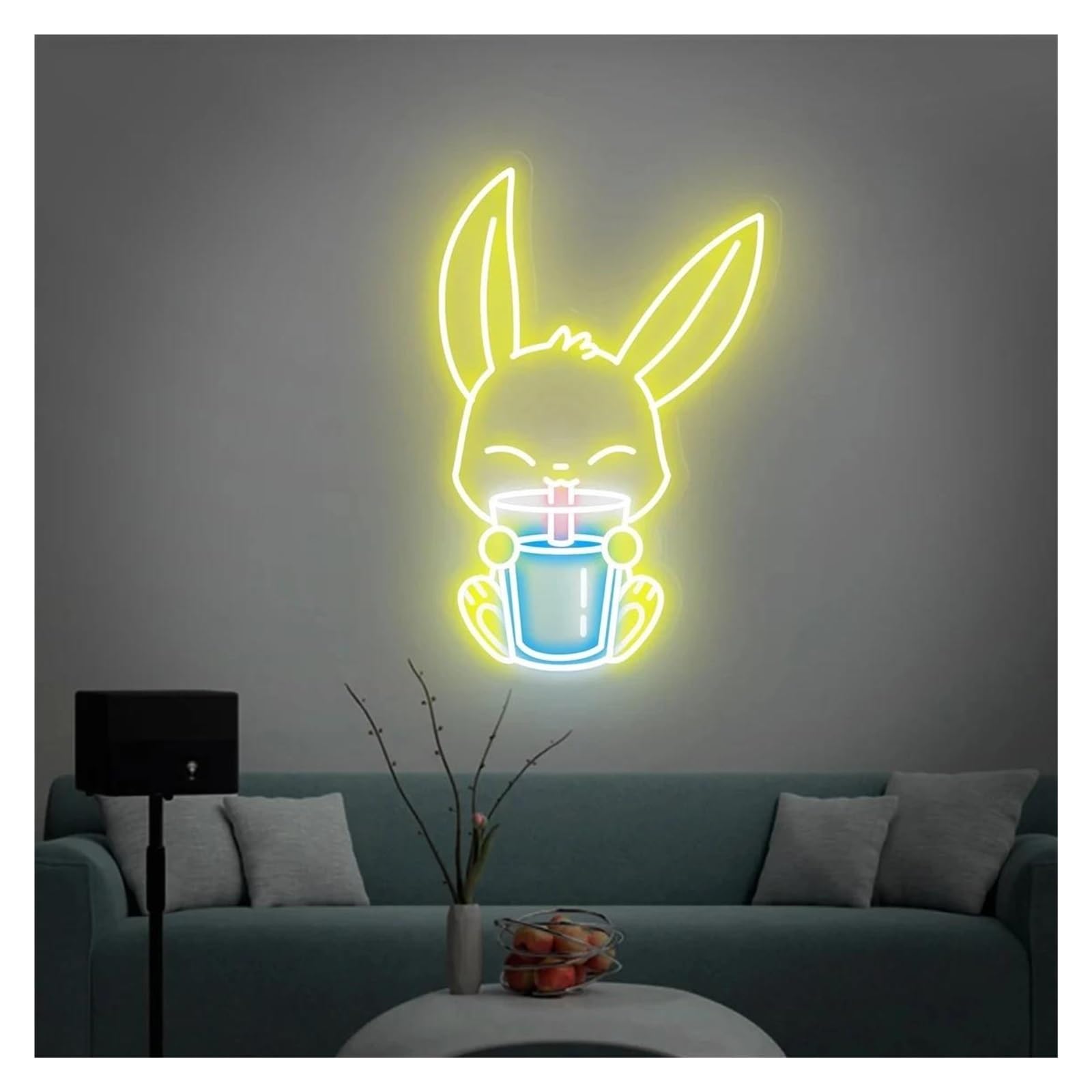 LEMST Signs Lamp Rabbit Drinking Milk Tea Neon Signs USB Powered Adjustable Brightness Bunny Neon Lights, Suitable for Wall Decor(E,55cm)