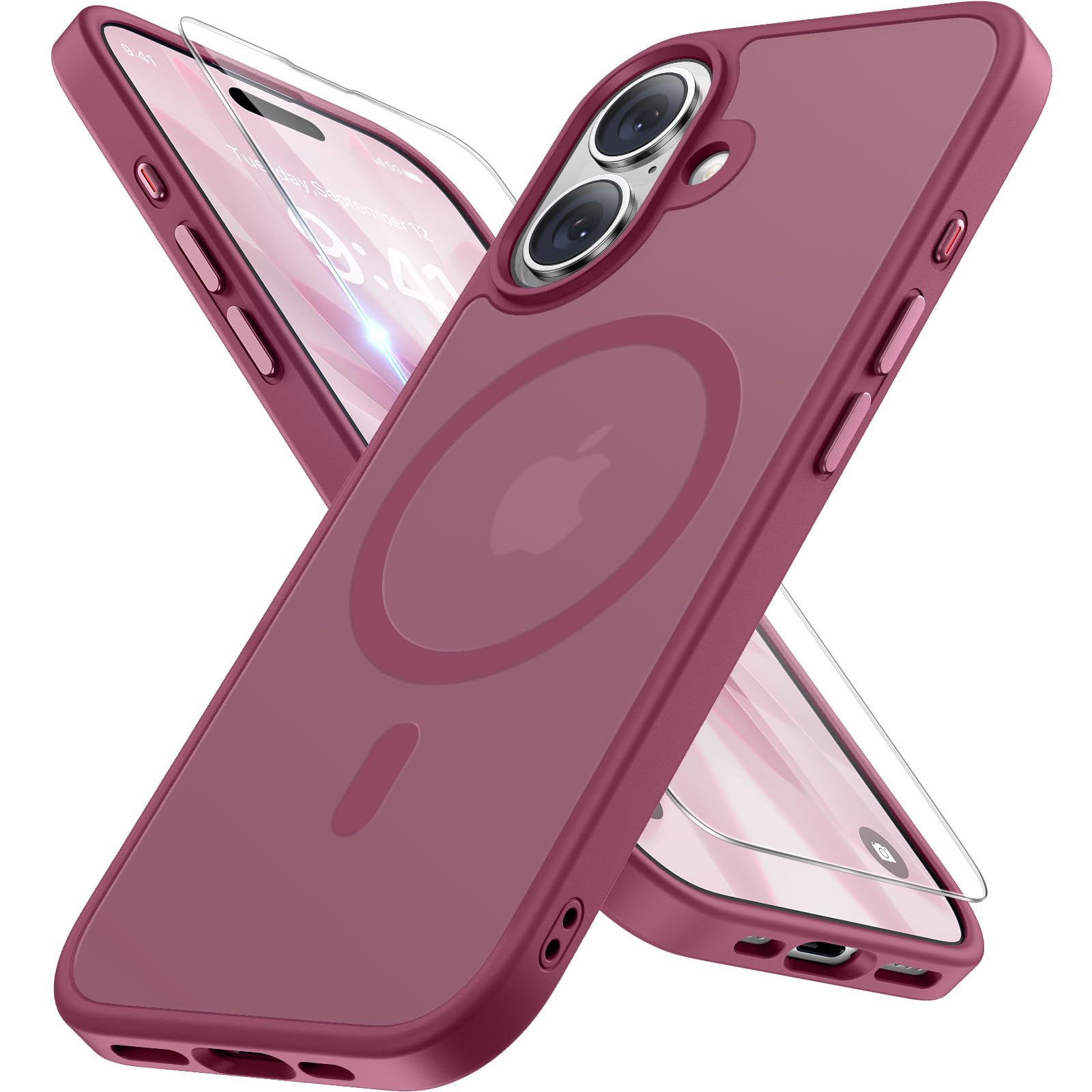 miracase Magnetic for iPhone 17 Case (Compatible with MagSafe) with Screen Protector Military-Grade Protection, Anti-Fingerprint Translucent Matte Phone Cover for iPhone 17 6.3 inch,Wine Red
