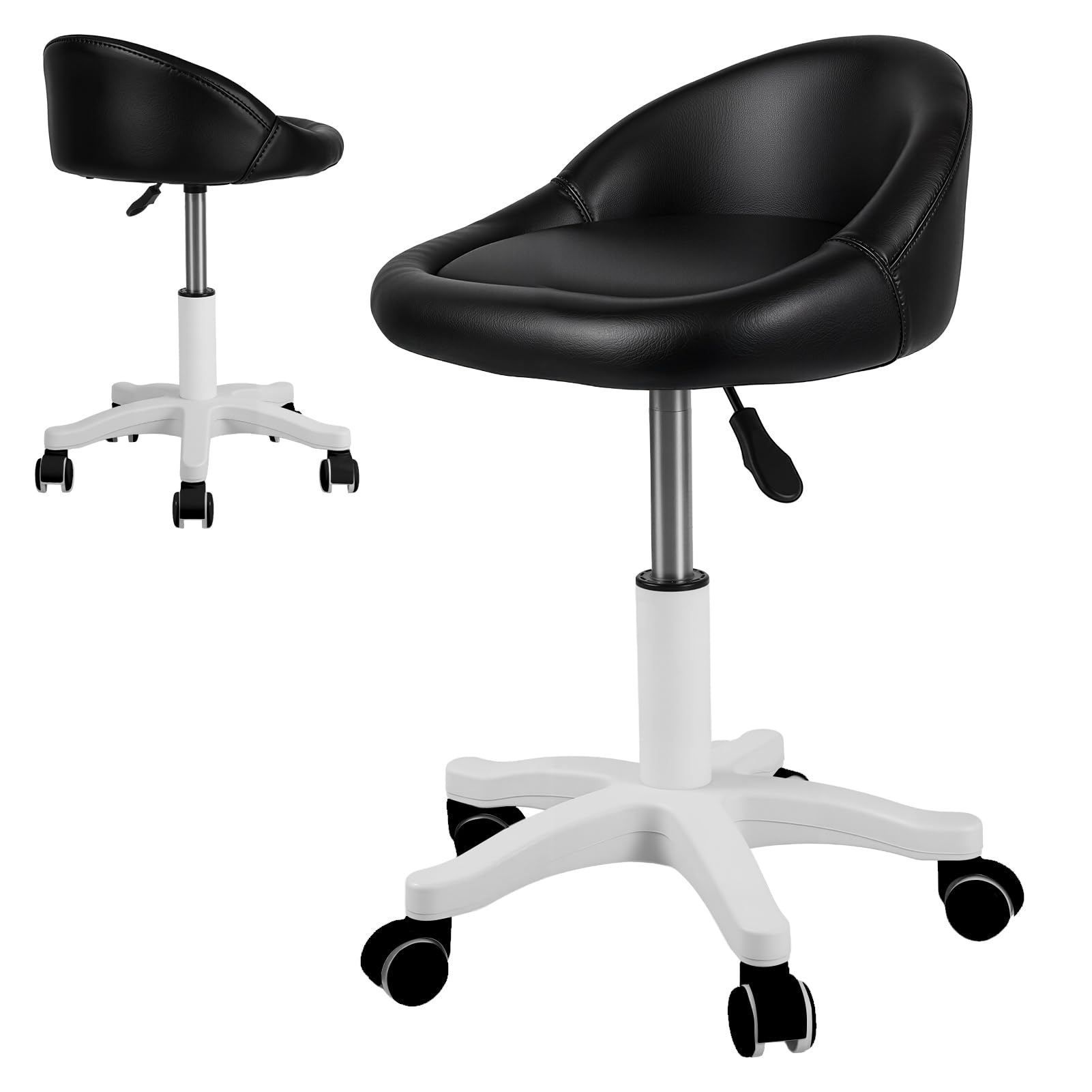 Rolling Stool with BackRest, 360 Degree Rotating Salon Chair, Ergonomic Swivel Seat, Adjustable Height, Ultra-Quiet Wheels, Padded Faux Leather Cushion, for Salon, Home,Office, Massage Use Black