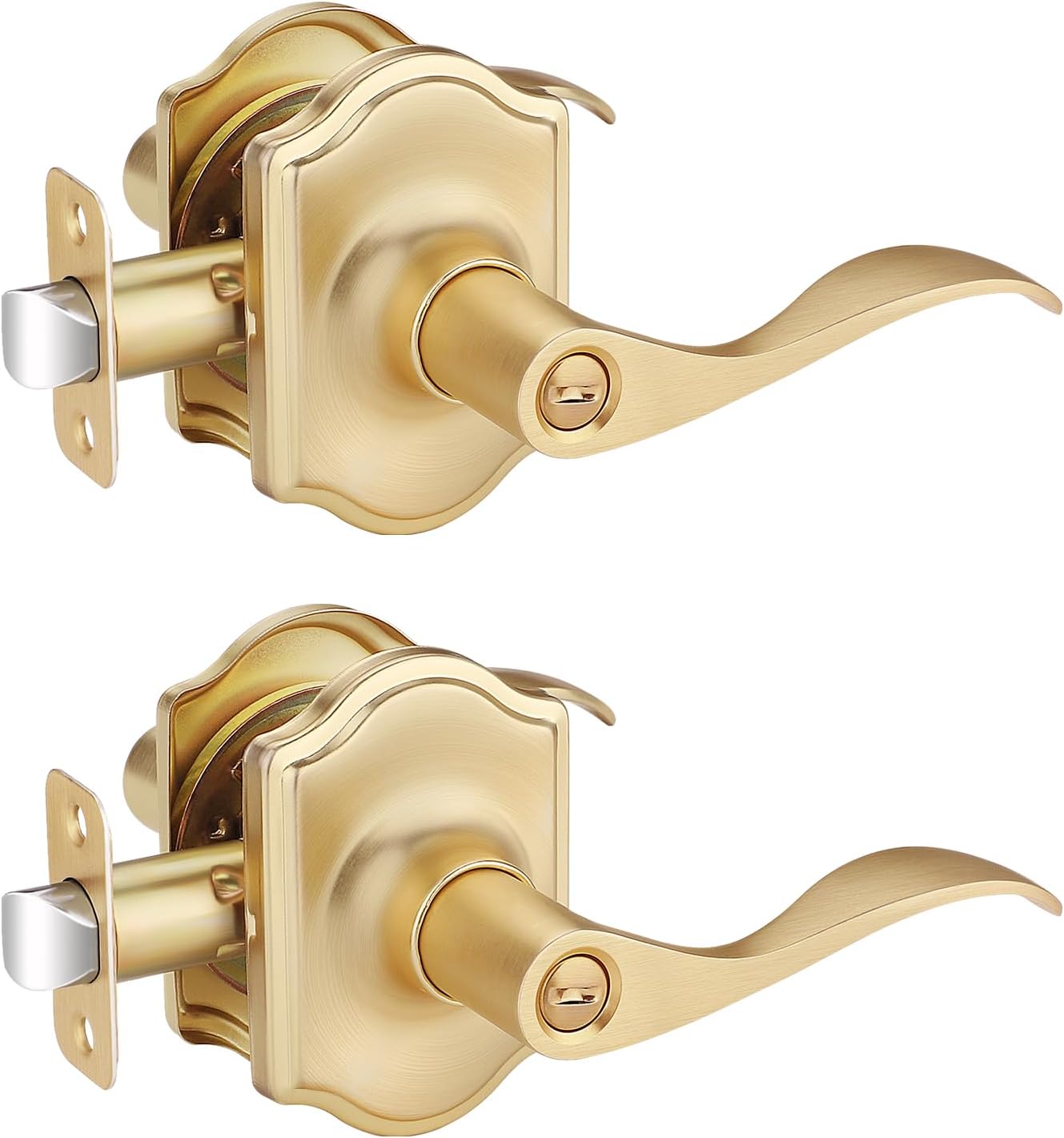 EHOMEWARE Door Handles Interior, 2 Pack Brass Door Knobs, Keyless Privacy Door Knob, Bedroom Door Lock, Bathroom Door Handle, Gold Door Knob, Wave Door Lever for Left/Right Handed Doors