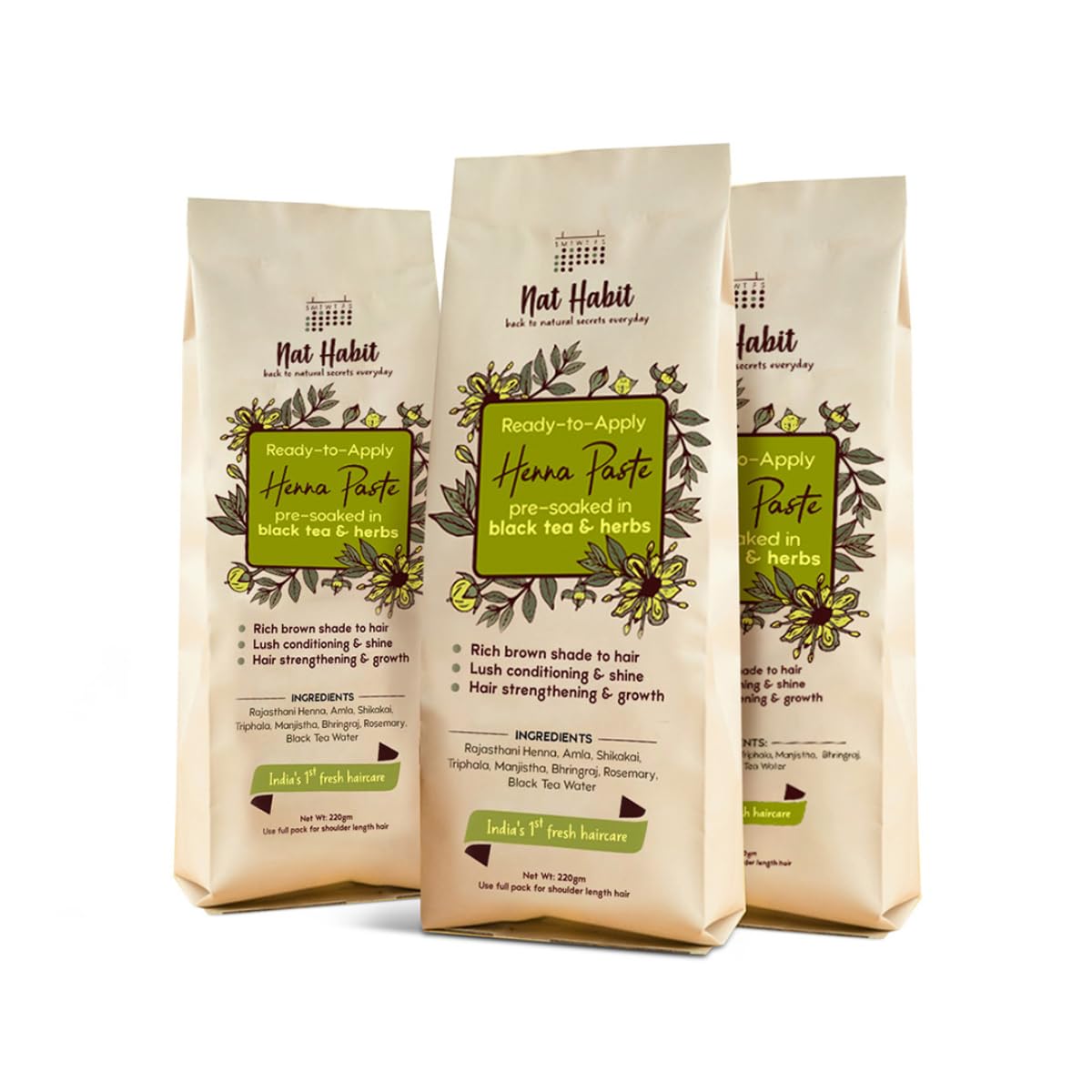 Fresh Ready To Apply Henna Paste, Pre-Soaked in Black Tea and Herbs,100% Natural Rajasthani Henna, Imparts Rich Brown Shade (Pack of 3 x 220g)