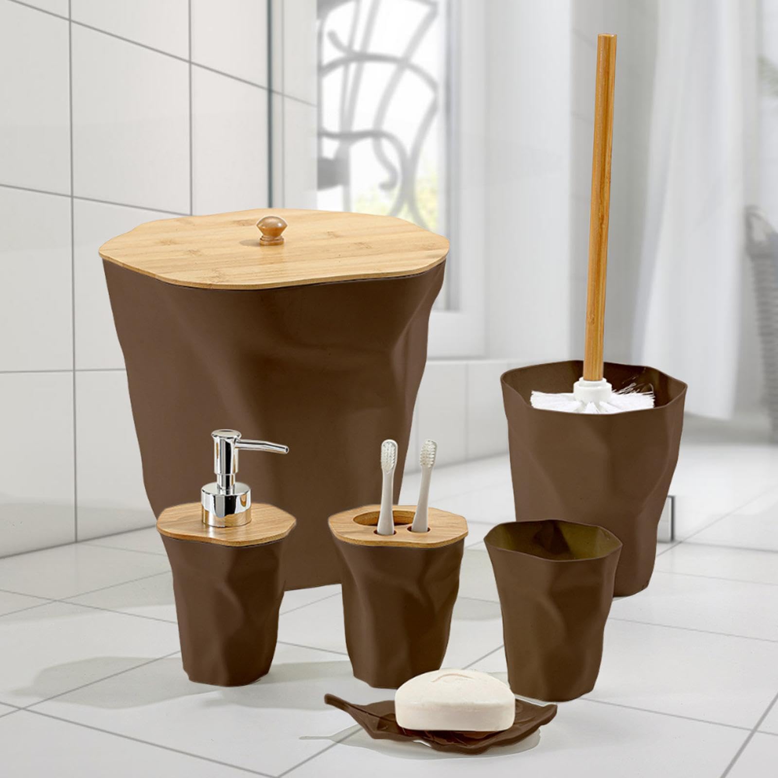 6 Piezas Soporte de Cepillo de Dientes Juego de Accesorios de Baño Dispensador de Loción Vaso Organizador Material PP Adecuado para Baño Modernos, café, Individual