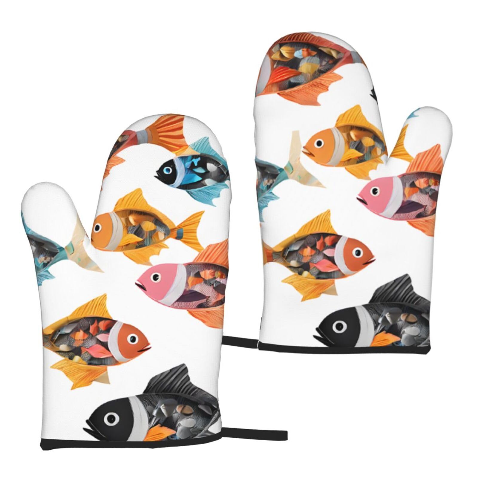 Uenffkdap Black Colorful Fish Print Heat-Resistant Oven Gloves.waterproof And Durable.used For Cooking,Baking And Barbecue.