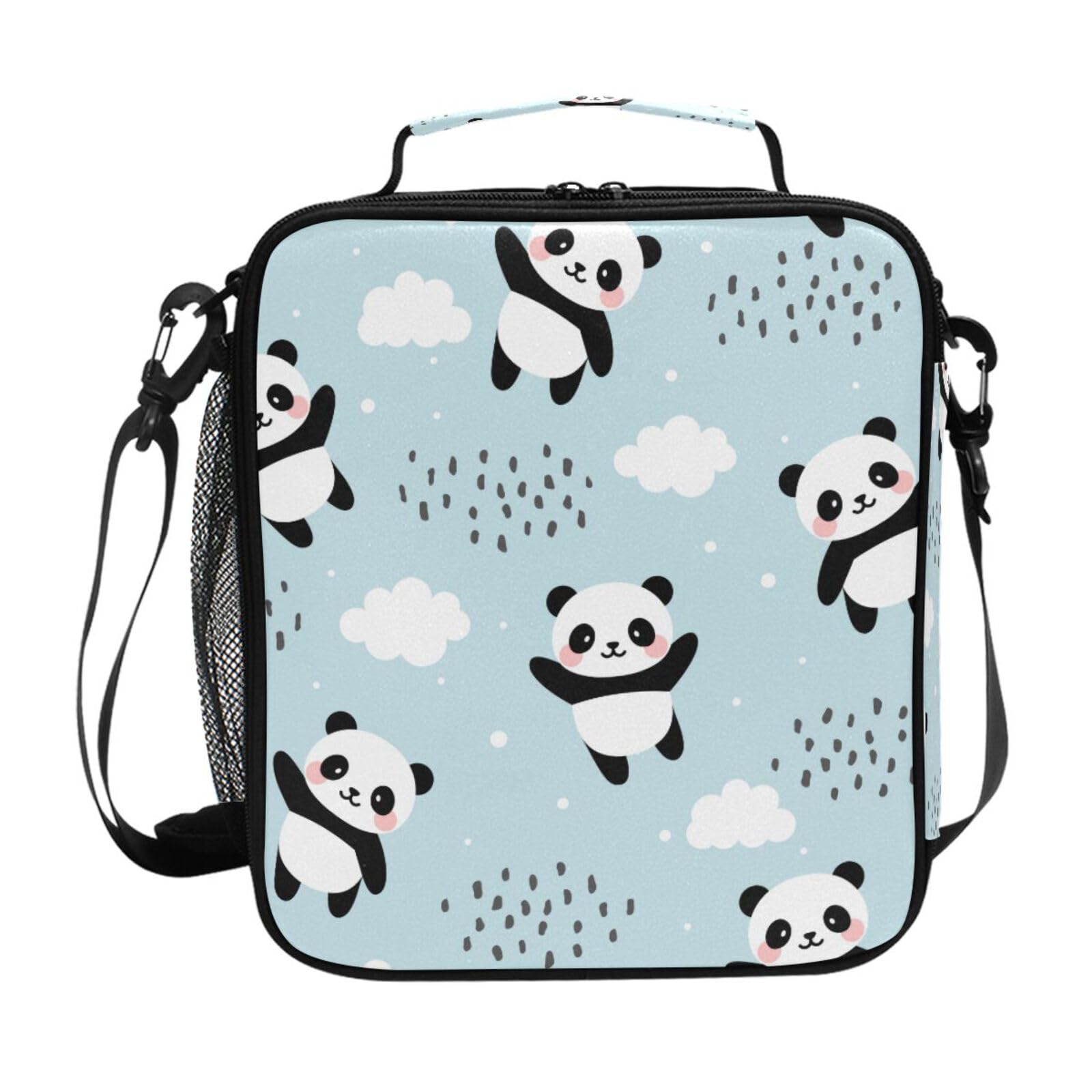 Mnsruu Happy Cute Panda Clouds Stars Lunch Bags Insulated School Lunch Bag for Kids Boys Girls Toddler Reusable Lunch Box Thermal Cooler Bag Tote Bag Shoulder Strap