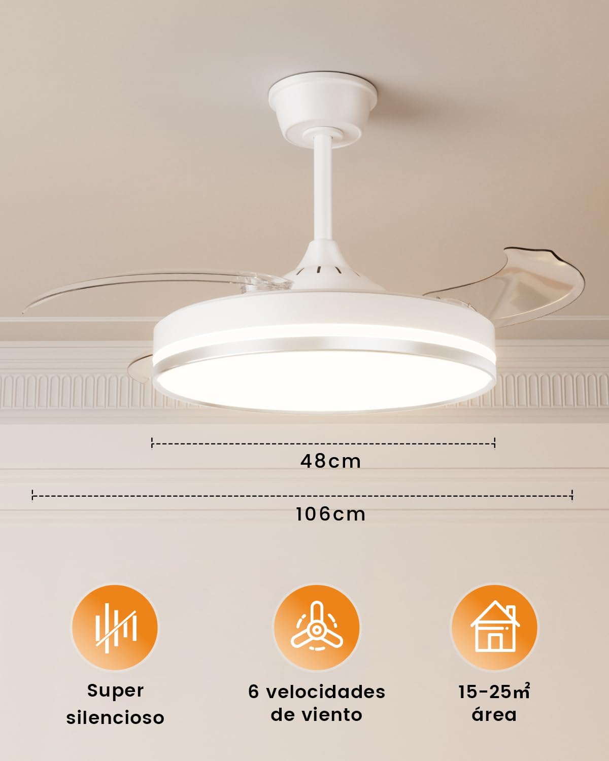 VOLISUN Ventilador de Techo con Luz aspas Retráctiles, Ultra-Silencioso Motor DC, CCT 3000-4000-6000K, Mando a Distancia - 50W Lámpara de Techo con Ventilador Moderno（(Plata, 106cm)