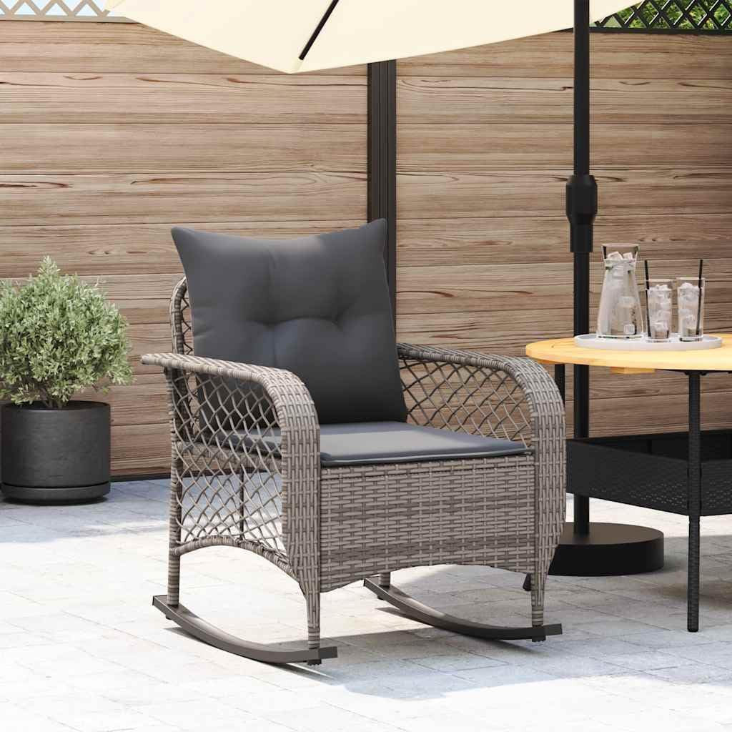vidaXL Garten-Schaukelstuhl mit Kissen Grau Poly Rattan, Gartenstuhl, Gartensessel, Outdoor-Schaukelstuhl, Schaukelsessel, Schwingsessel