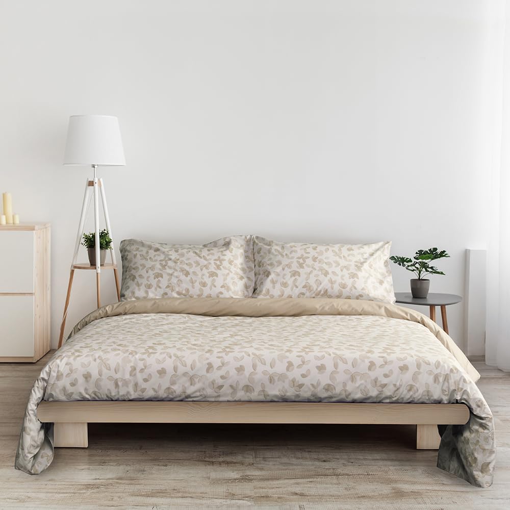 Foppapedretti Notte & Natura Sacco Copripiumino letto matrimoniale completo di 2 federe; Foglie Sabbia 100% cotone Percalle, Made in Italy
