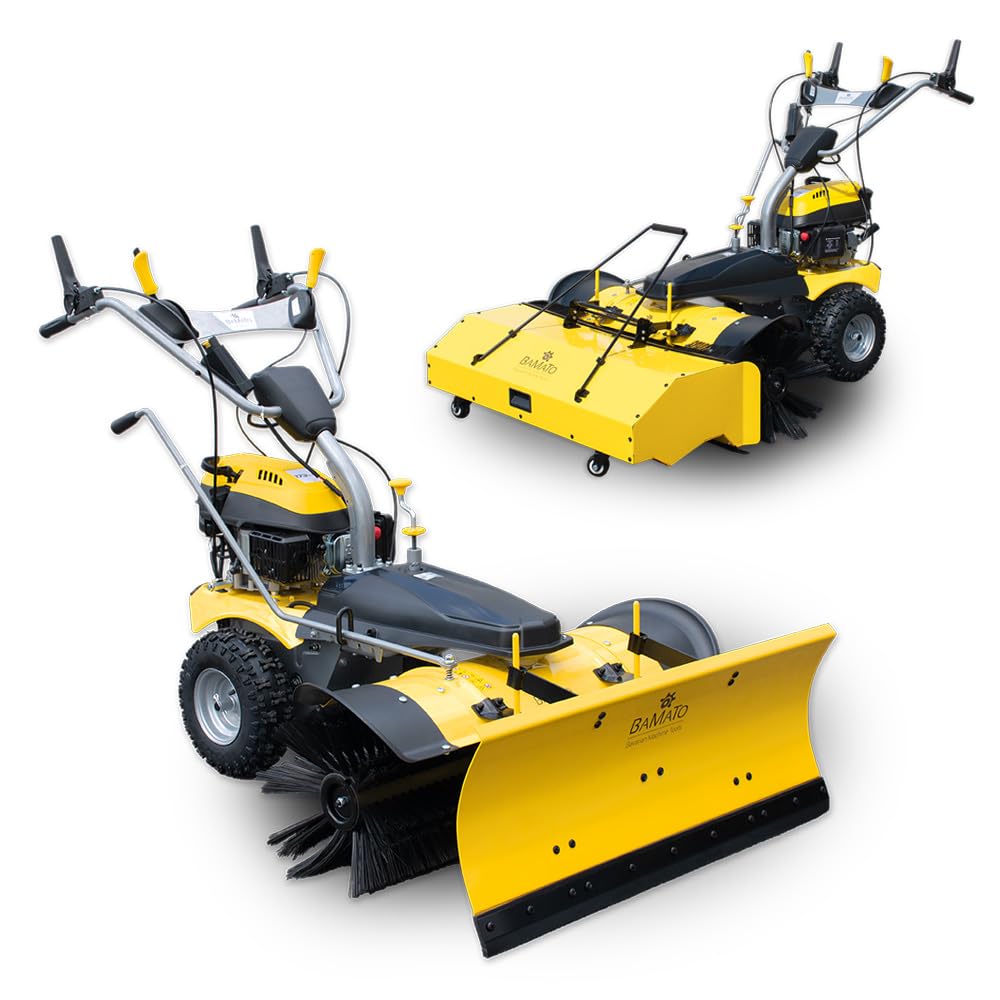BAMATO Kehrmaschine KEM-1000 | Kehrbreite 1000 mm | mit E-Start & vers. Aufsätzen | 5 IN 1 | Antrieb mit Stollenprofil | E-Start | inkl. Schneeschild | inkl. Auffangbehälter