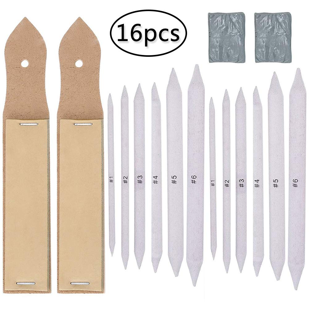 Blending Stumps and Tortillions Set, FANDE 16 Pieces Sketch Drawing Set with 2 Kneaded Eraser, 2 Pieces Sandpaper Pencil Sharpener for Student and Artists