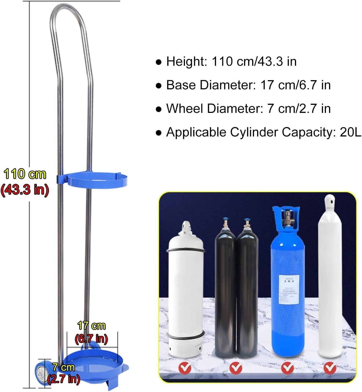 Przenośny stojak na butle gazowe do zbiorników tlenu i azotu o pojemności 10–20 l, wózek na kółkach o wysokości 95 cm do laboratoriów, szpitali, szkół - bezpieczny stojak do przechowywania
