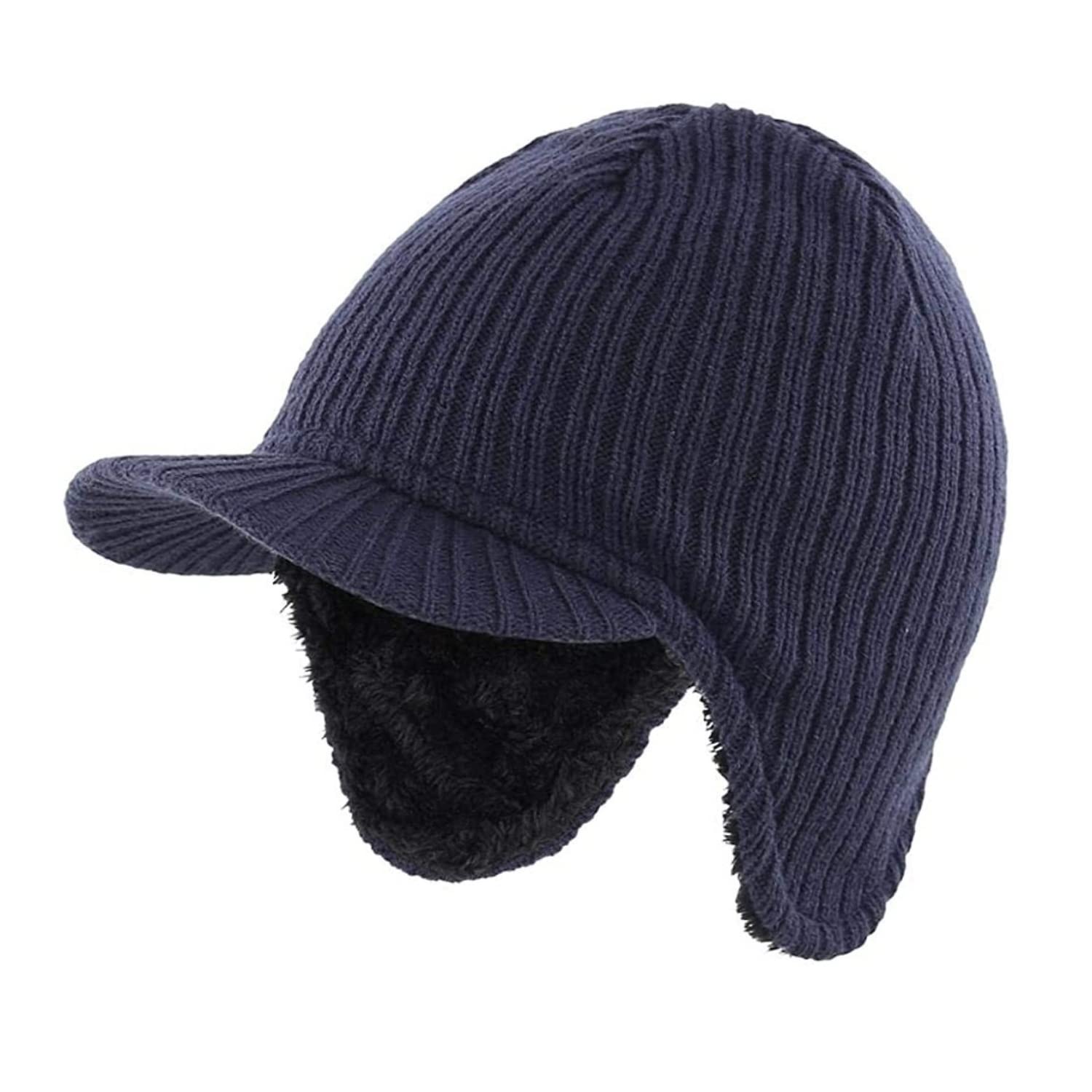 HDICUHNANU Winter Hats Men Winter Visor Brim Earflap Beanie Hat Knitted Thicken Plush Lined Baseball Cap Travel Warm Hat