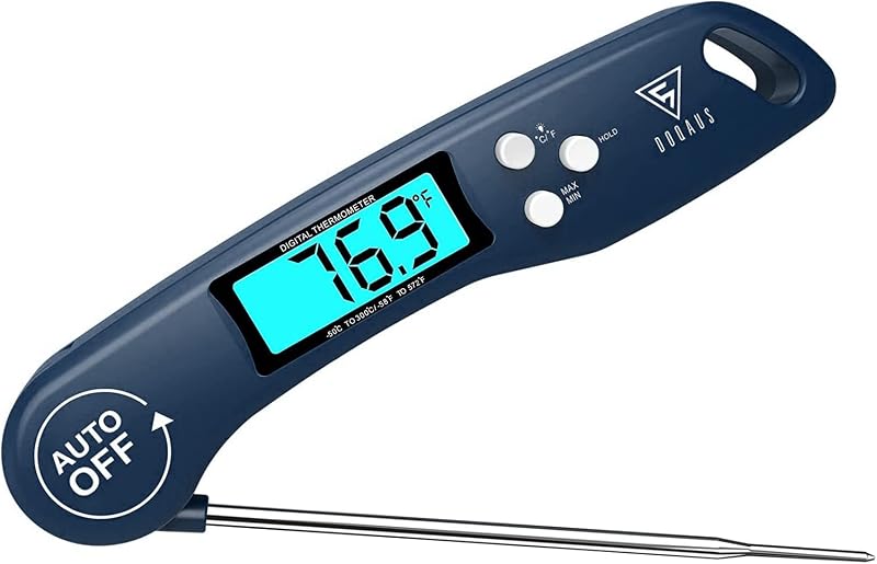 DOQAUS Termómetro para carne – Termómetros de dial de temperatura para cocinar retroiluminación y pantalla giratoria automática, utensilios de cocina esenciales para barbacoa, horno, parrilla, ahumador, color azul caramelo