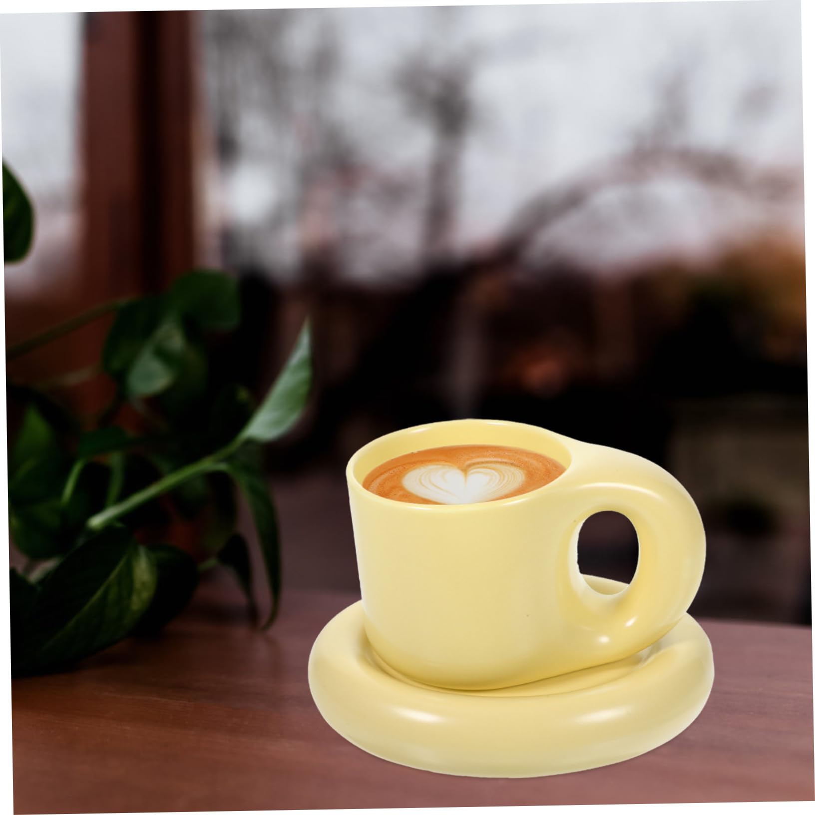 Kaffeebecher Multifunktions Gelb 300ml mit Untertasse aus Keramik Stilvolles Design Glatt und Grate für Zuhause und Büro