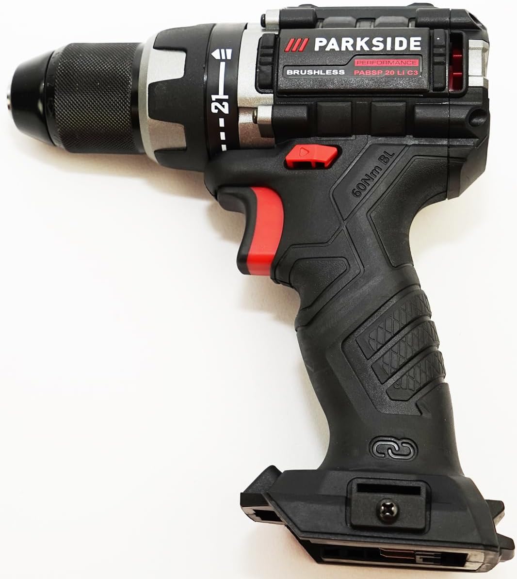 Front view of the PSIDE Parkside Performance PABSP 20 Li C3 Cordless Drill Driver, highlighting the chuck, torque ring, and main body.