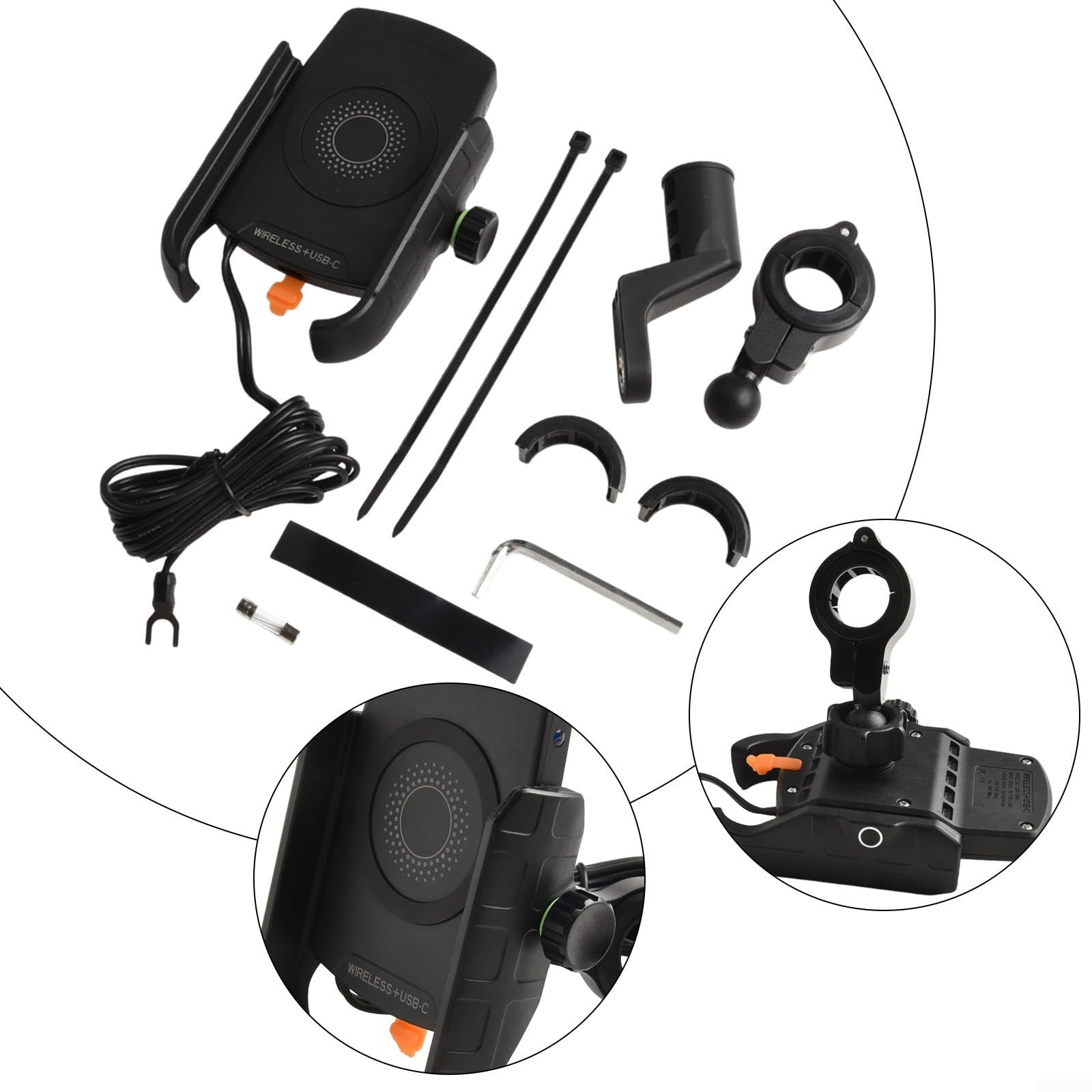 Caricatore wireless per moto 15 W Supporto per telefono Ricarica rapida USB-C Staffa impermeabile antivibrante per telefoni da 3,5-6,5 pollici
