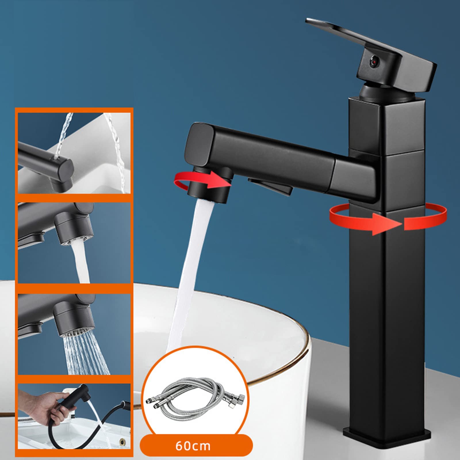 Generico Rubinetto da Bagno Rubinetto Miscelatore Girevole con Doccetta Estraibile per Lavabo da Cucina E Bagno Nero Quadrato Alto