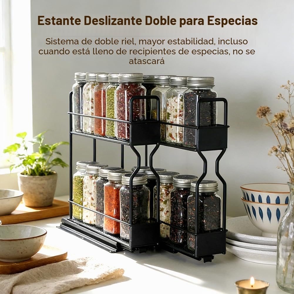 Estantería de dos pisos para especias, extensible, cajón para especias, no requiere montaje ni perforación, construcción de madera natural, diseño de cajones de varios niveles para uno (acero