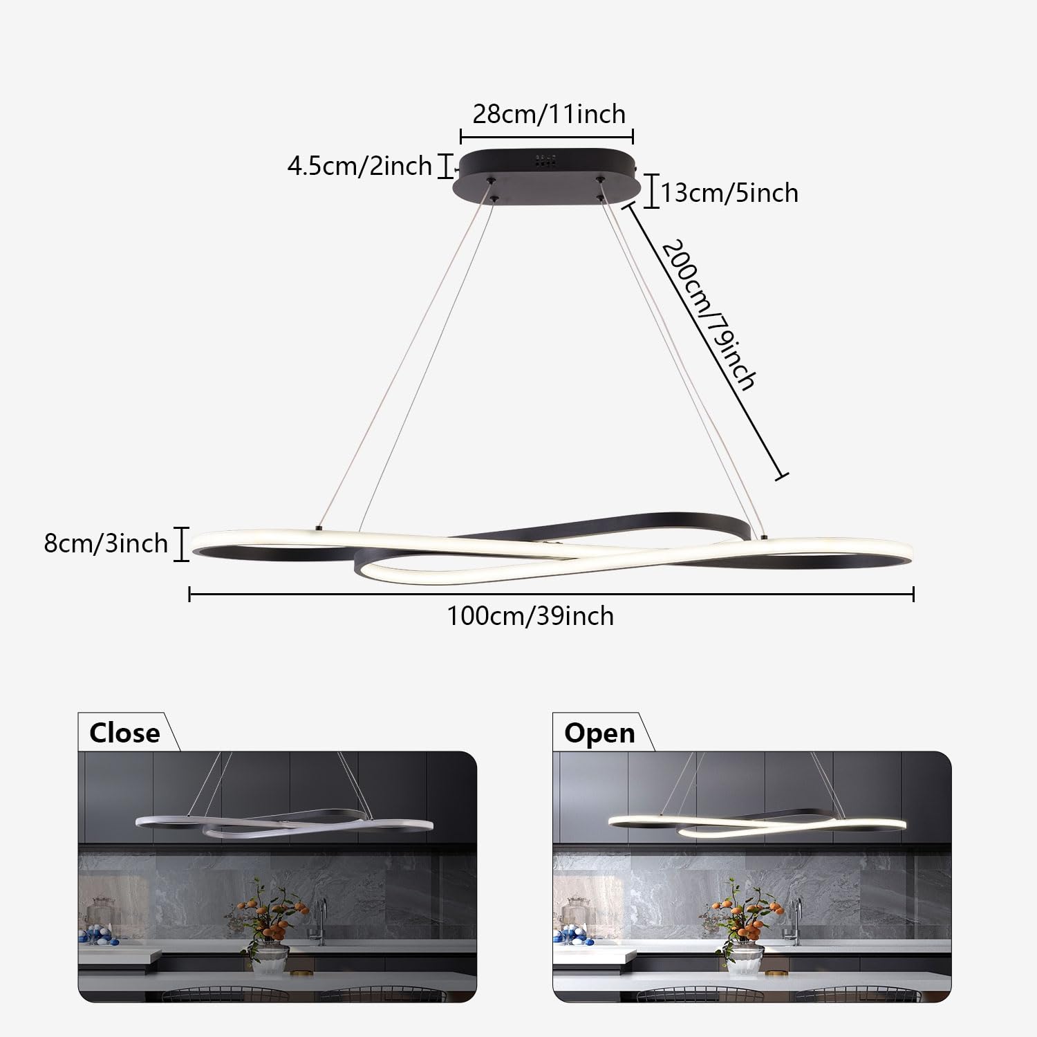 Lampadario Moderno a LED Dimmerabile Nero per Sala da Pranzo - Luce Sopra il Tavolo, Illuminazione Moderna per Isola Della Cucina con Telecomando, Altezza Regolabile