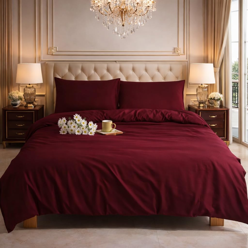 Charkhah Red Double Size Duvet Cover Set | Soft Microfibre Bedding Set With 2 Pillowcases | Reversible Quilt Cover With Zip Closure | Easy Care, Breathable | Uk Size 200 X 200 Cm