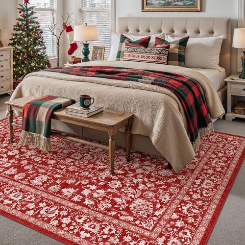 Christmas Area Rug 5x7 Red Washable Living Room Carpet Retro Distressed Floral Holiday Decor Rug Non Slip Soft Decorative Xmas Doormat for Bedroom Office Dining Room Bathroom Kitchen