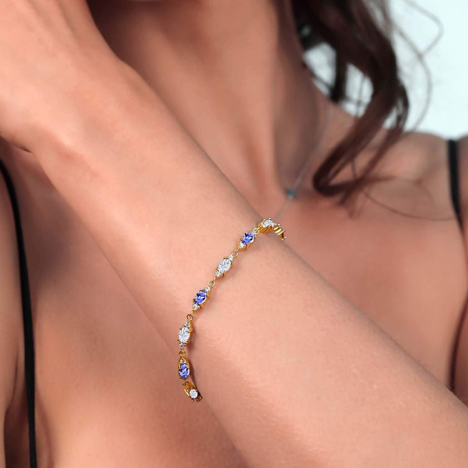Gem Stone King Customized and Personalized Gemstone Birthstone and White Moissanite Tennis Bracelet For Women | 18K Yellow Gold Plated Silver | Oval 6X4MM | 6.5, 7, and 7.5 Inch