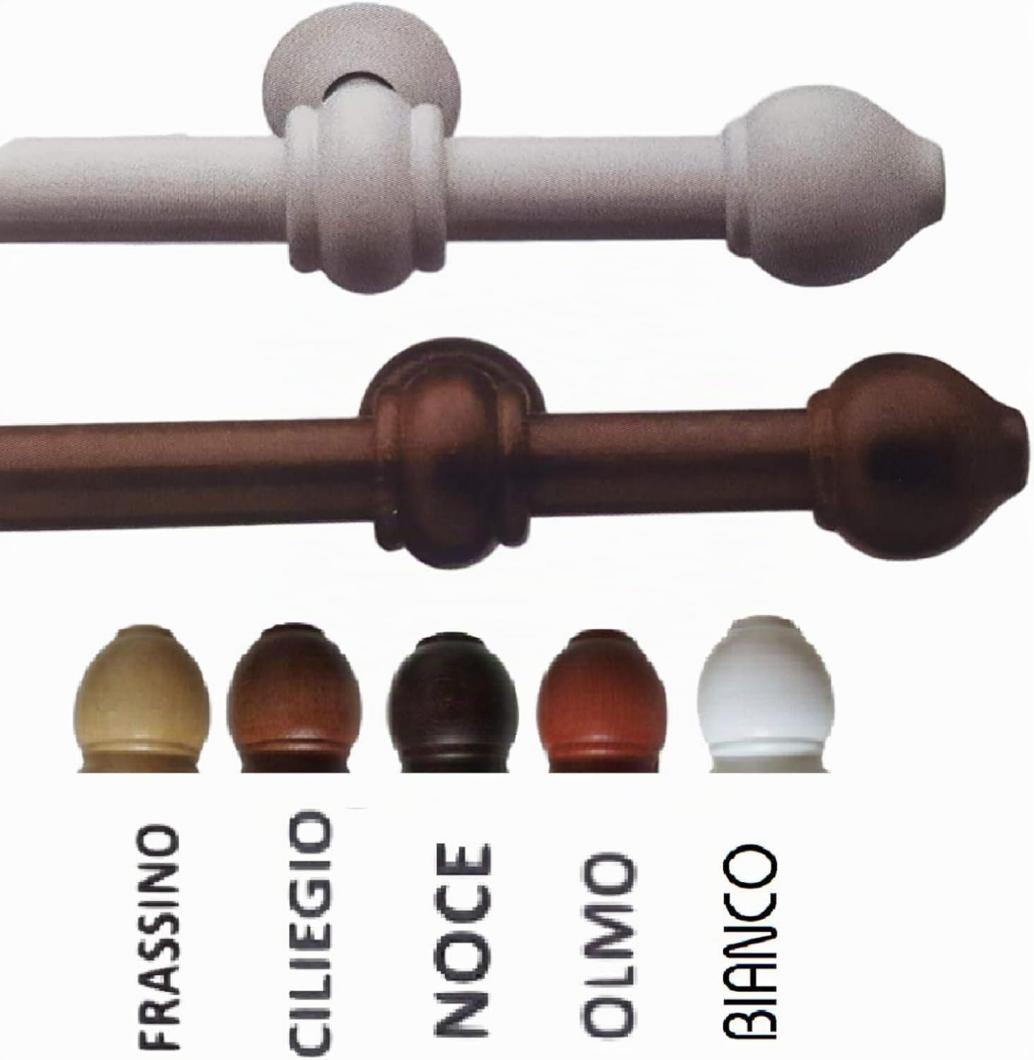 Bastone per Tenda, Asta in legno da Ø 22 mm. anelli + accessori da 160 a 200 cm. Movimento a strappo (frusta non inclusa), Attacco a parete (Noce, 200 cm.)
