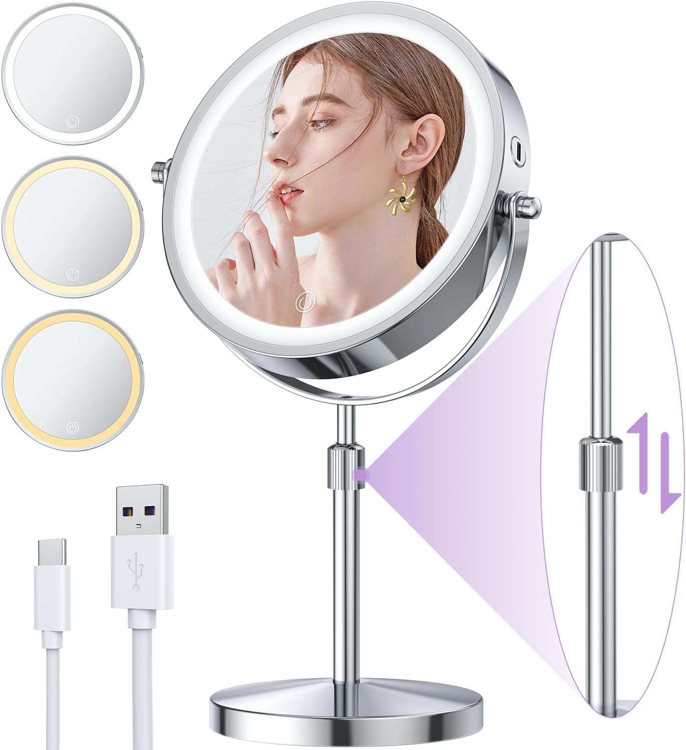 Espejo maquillaje con luz, iklestar Ajustable en altura 10X Maquillaje Espejo aumento con luz, LED Espejo tocador para mesa escritorio mostrador, recargable espejos con luz para maquillaje, Plata