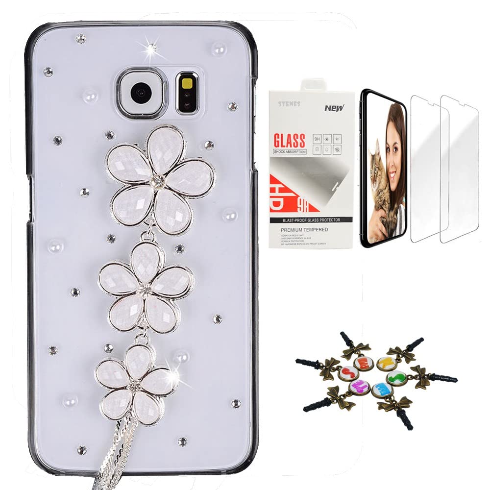 STENES Sparkle Case Compatible with Samsung Galaxy A42 5G Case - Stylish - 3D Handmade Bling Flowers Tassel Design Cover Case with Screen Protector [2 Pack] - White