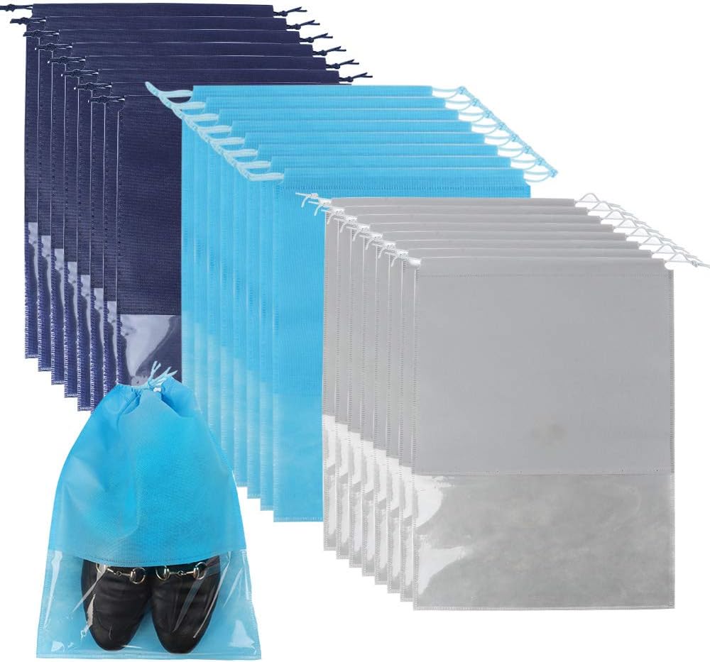 SGHUO 24pcs Travel Shoe Bags, Non-Woven Shoe Storage Organizer with Clear Window for Men and Women, 3 Colors