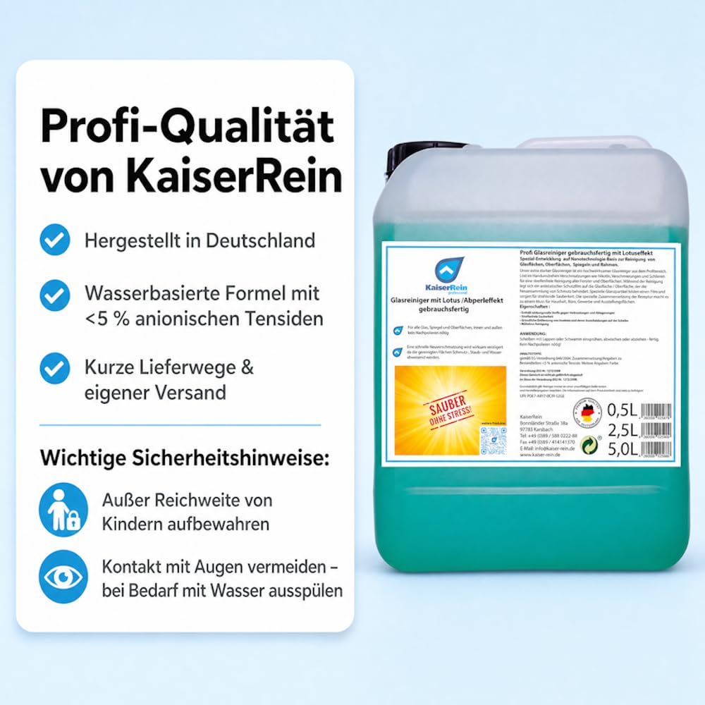 KaiserRein Profi Glasreiniger mit Lotuseffekt Spray 0,5 L Leerflasche + 5 L Kanister & Hahn Fensterreiniger gebrauchsfertig