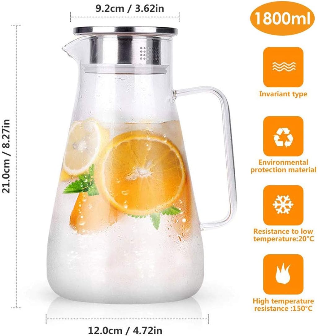 Large Heat Resistant Glass Pitcher with Stainless Steel Lid, Water Carafe with Handle, Good Beverage Pitcher for Homemade Juice and Iced Tea, 1800ml/61oz