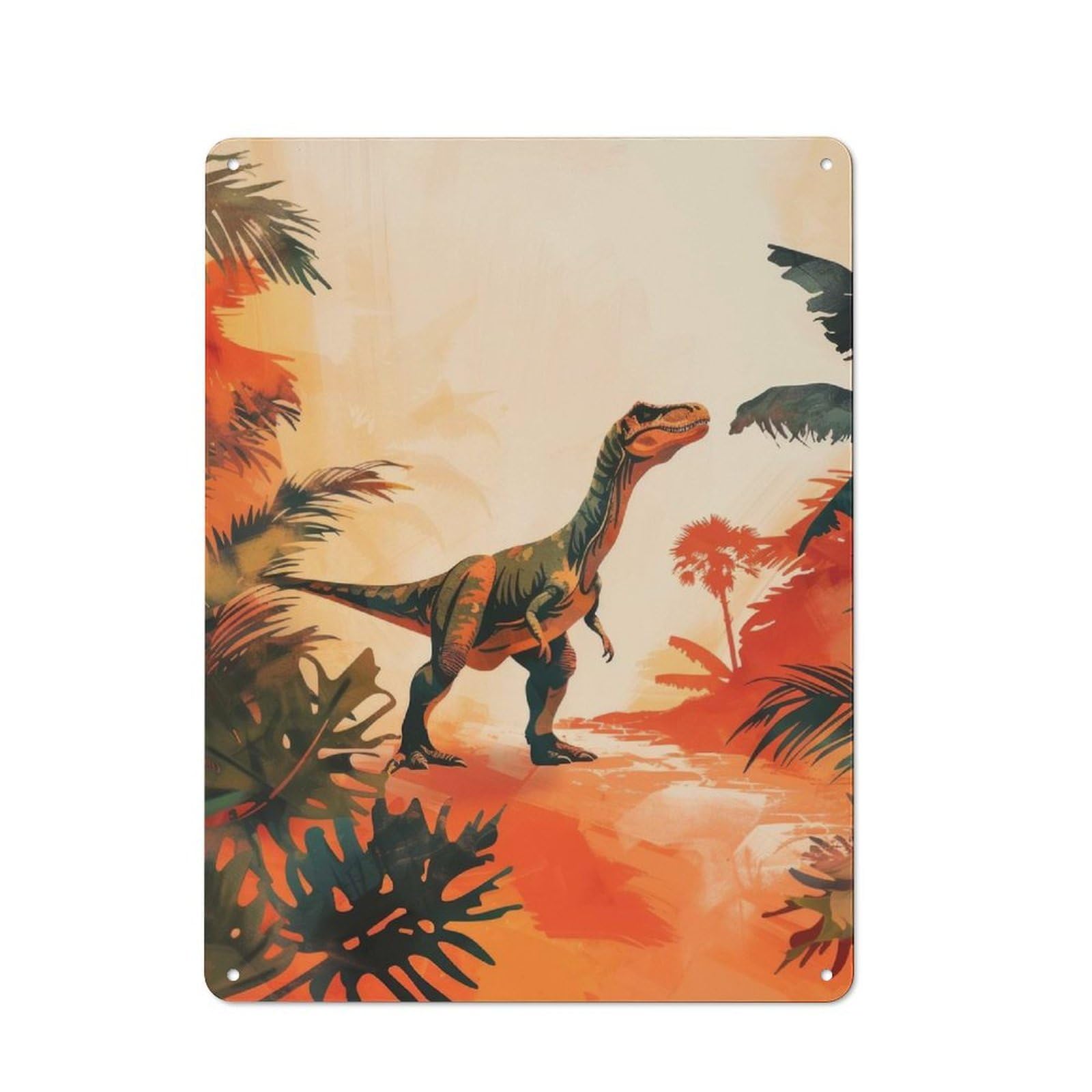 Junmoney Dinosaur In Jungle Illustration Metal Wall Sign 40X30cm Featuring For Home Bar Wall, For Themed Interiors In Home Bars And Entertaining Spaces