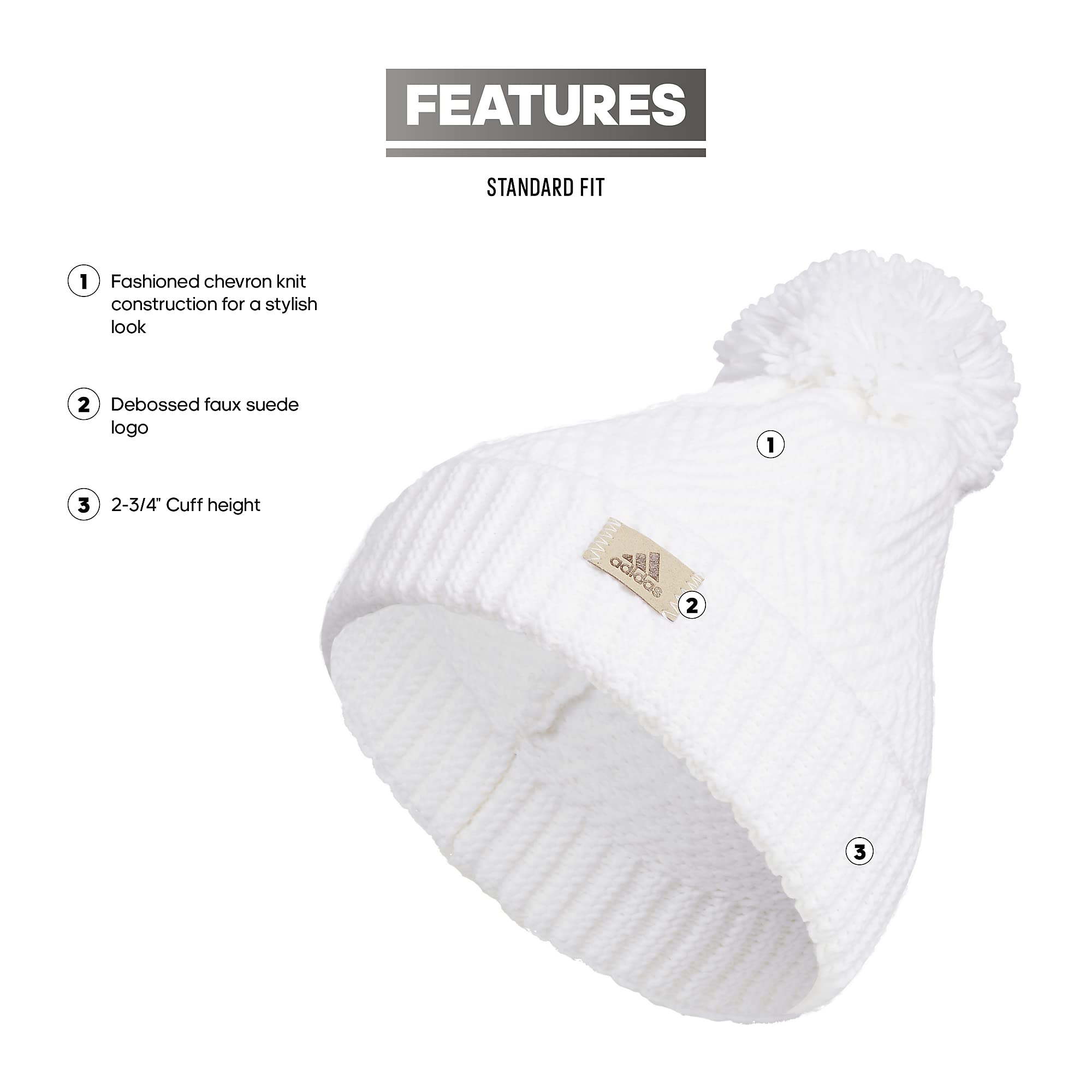 adidas Women's Pom Ballie Beanie, Cuffed Winter hat/Cap with Pompom Fuzzy Ball, White/Clear Onix Grey F23, One Size