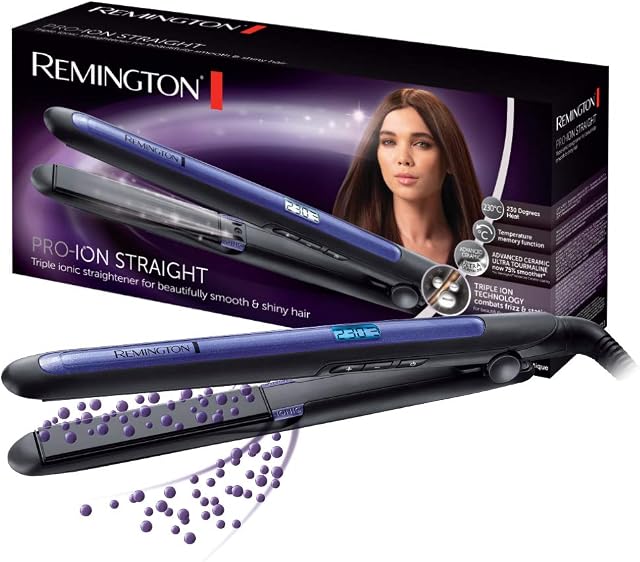 Remington prostownica do włosów z jonizacją (3x), powłoka ceramiczno-turmalinowa, zakres temp. 150-230°C, ruchome płytki, szybkie nagrzewanie, obrotow przewód, etui, fioletowa, Pro-Ion S7710