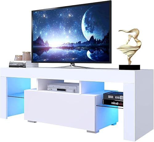 Miniatura 9 de Soporte de TV LED brillante para televisores de 65 pulgadas, centro de entretenimiento con luces LED, soporte de TV negro con cajones de Blanco-2