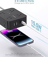 Vista 4 de Protección Contra Sobretensiones con Alargador de Corriente, HANYCONY 8 Salidas con 4 Puertos de Carga USB (2 USB C), Extensor de Salidas Laterales