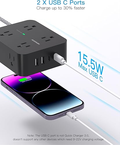 Miniatura 4 de Regleta protectora contra sobretensiones, 8 salidas con 4 puertos de carga USB (2 USB C), extensor de salida lateral con cable de extensión trenzado