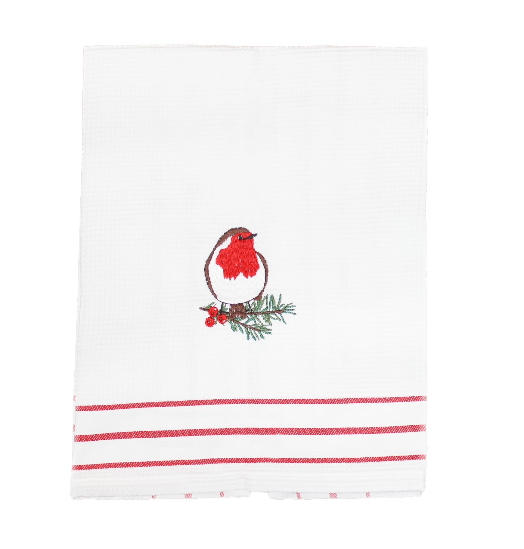 Peggy Wilkins Dawn Chorus Christmas Robin Embroidered 100% Cotton Tea Towel - 50cm x 68cm