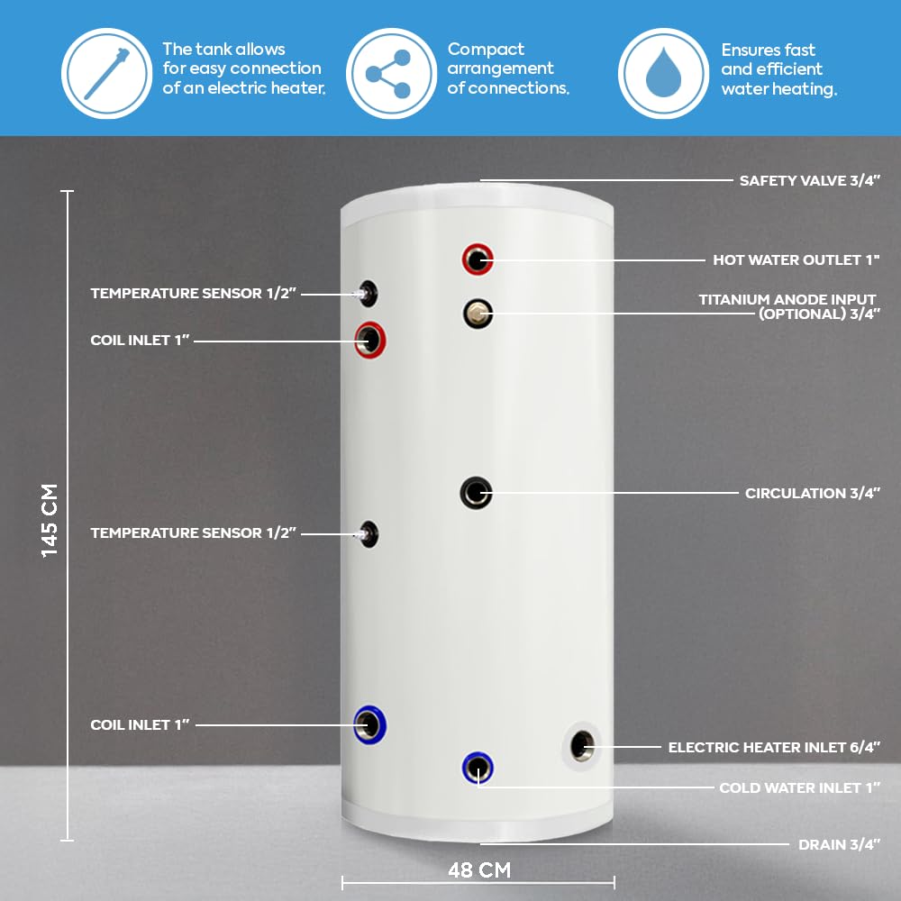 TECHGLOBE - Serbatoi acqua calda - scambiatore di calore (2,2 m²) - acciaio inox - Efficienza energetica - con isolamento da 50 mm - Accumulatore di acqua calda (150 L)